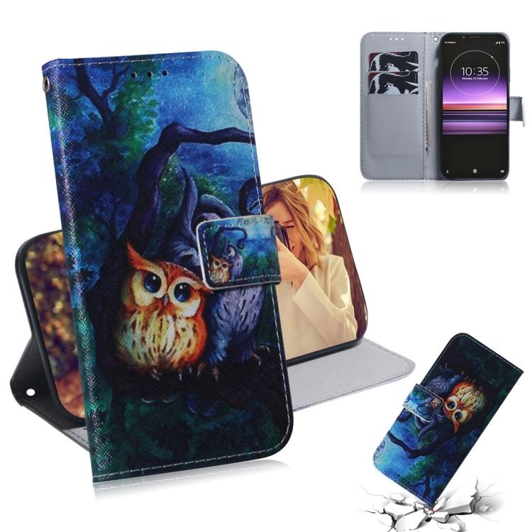 

Oil Painting Owl Pattern Coloured Drawing Horizontal Flip Leather Case for Sony Xperia 1, with Holder & Card Slots & Wallet