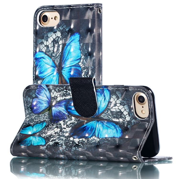 

3D Pattern Colored Drawing Horizontal Flip Leather Case for iPhone 8 & 7 & 6 & 6s, with Holder & Card Slots & Wallet & Lanyard(Blue Diamond Butterfly)