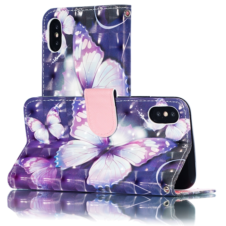 

3D Pattern Colored Drawing Horizontal Flip Leather Case for iPhone X / XS, with Holder & Card Slots & Wallet & Lanyard(Purple Butterfly)