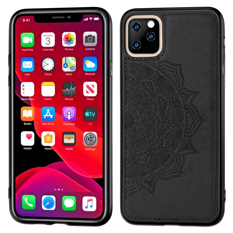 

Embossed Mandala pattern PC + TPU + Fabric Phone Case for iPhone 11 Pro , with Lanyard & Magnetic(Black)