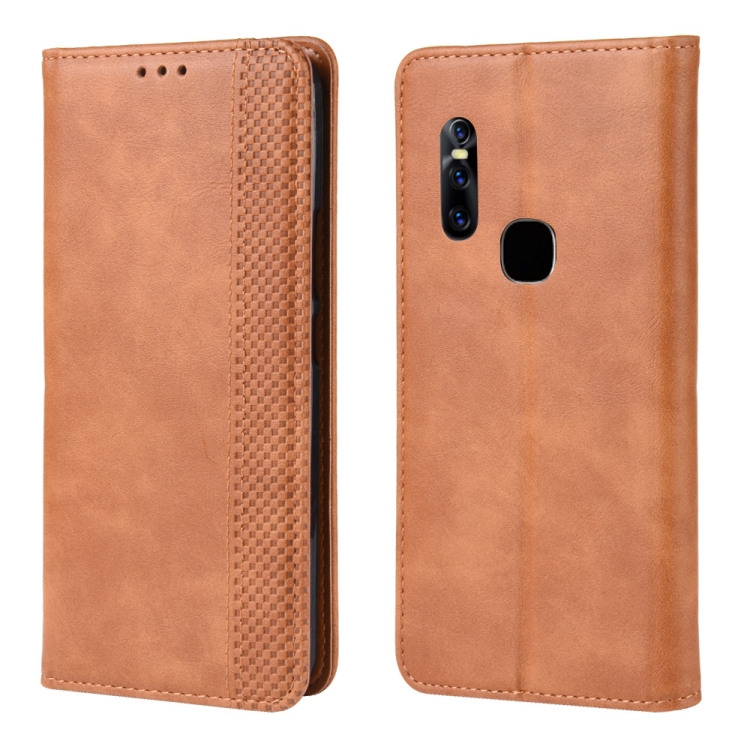 

Magnetic Buckle Retro Crazy Horse Texture Horizontal Flip Leather Case for Vivo V15, with Holder & Card Slots & Photo Frame(Brown)