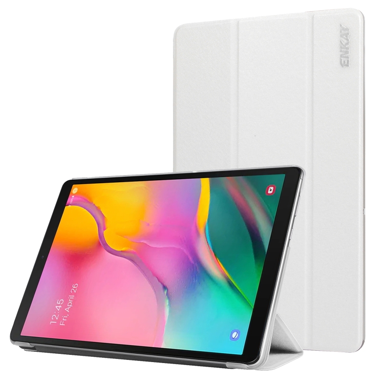 

ENKAY Silk Texture PU Leather + Plastic Bottom Case with Three-folding Holder for Galaxy Tab A 10.1 (2019) T510 / T515(White)