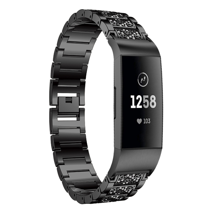 

Diamond-studded Solid Stainless Steel Wrist Strap Watch Band for Fitbit Charge 3(Black)