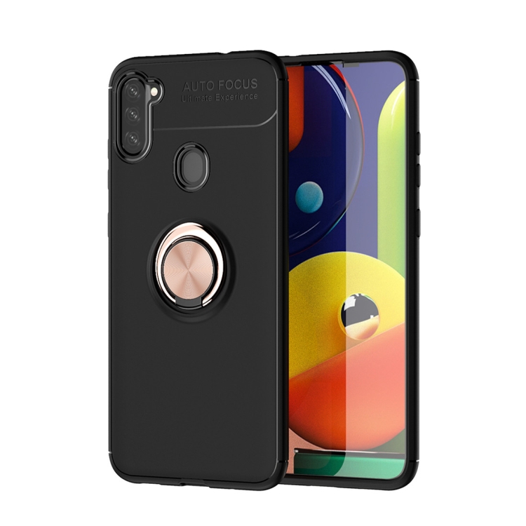 

For Galaxy A11 Metal Ring Holder 360 Degree Rotating TPU Case(Black+Rose Gold)