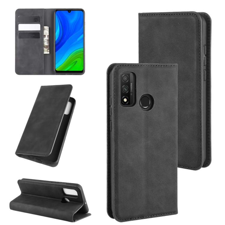 

For Huawei P smart 2020 Retro-skin Business Magnetic Suction Leather Case with Holder & Card Slots & Wallet(Black)