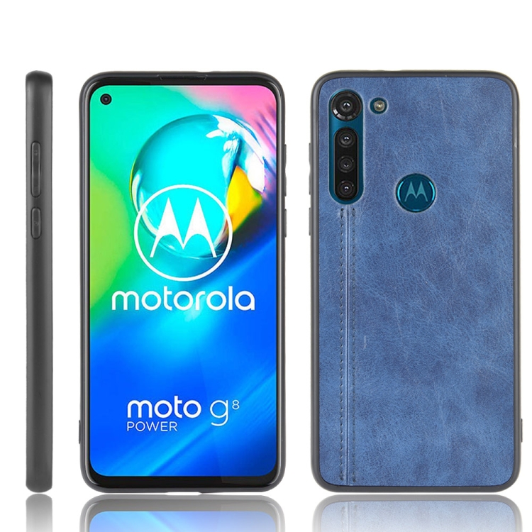 

For Motorola Moto G8 Power Shockproof Sewing Cow Pattern Skin PC + PU + TPU Case(Blue)
