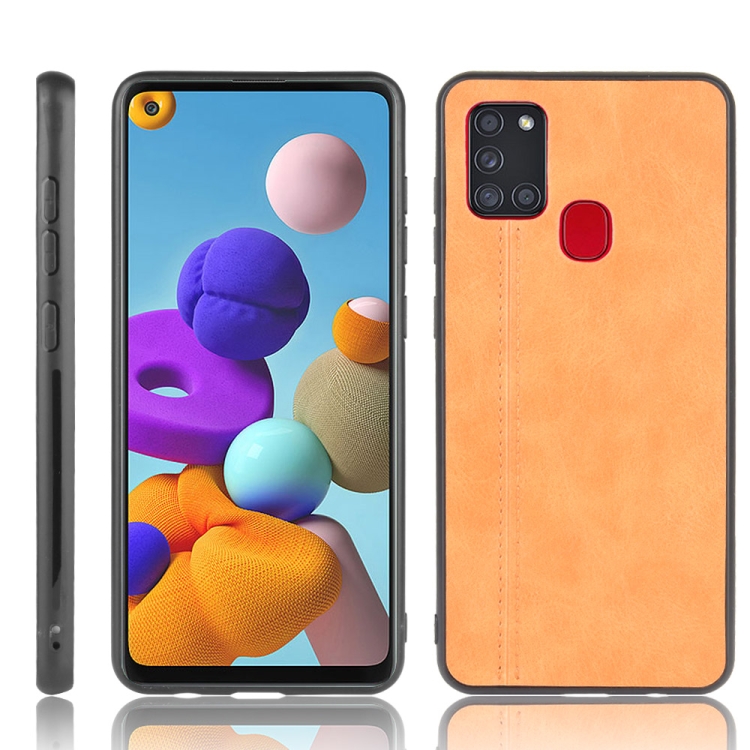 

For Samsung Galaxy A21s Shockproof Sewing Cow Pattern Skin PC + PU + TPU Case(Orange)