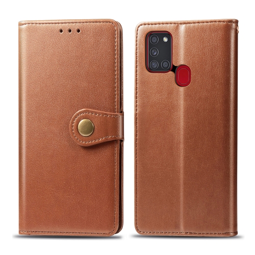 

For Samsung Galaxy A21S Retro Solid Color Leather Buckle Phone Case with Lanyard & Photo Frame & Card Slot & Wallet & Stand Function(Brown)