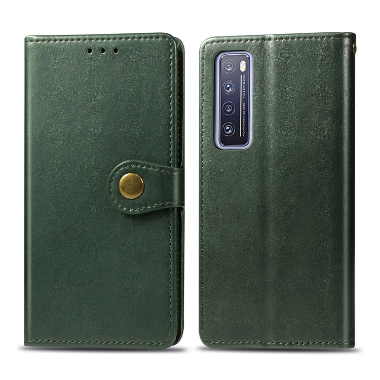 

For Huawei Nova 7 Retro Solid Color Leather Buckle Phone Case with Lanyard & Photo Frame & Card Slot & Wallet & Stand Function(Green)