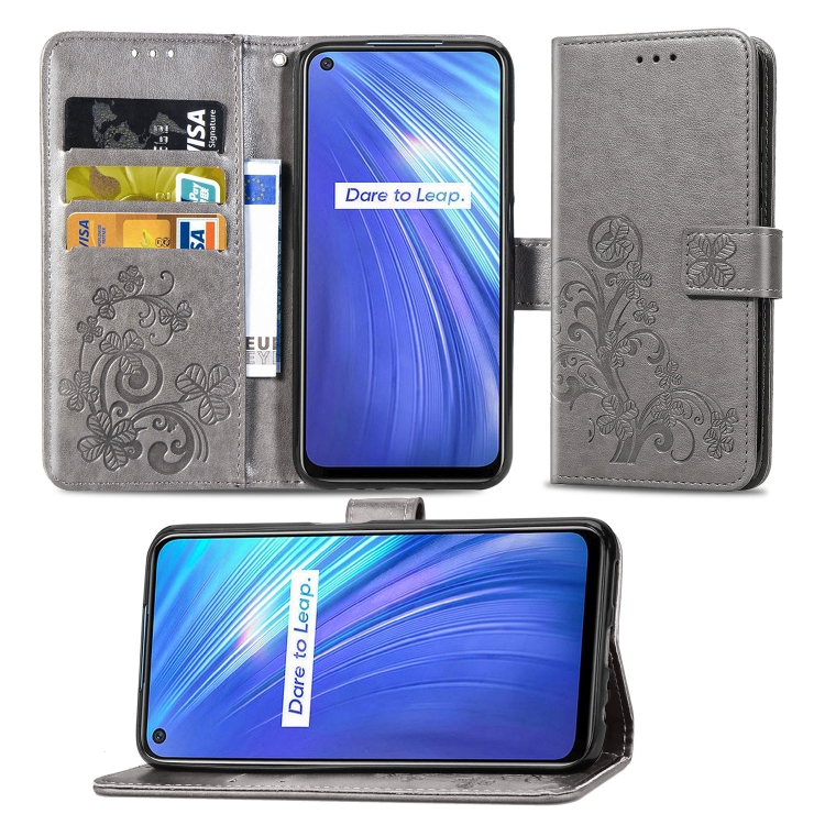 

For Oppo Realme 6 Lucky Clover Pressed Flowers Pattern Leather Case with Holder & Card Slots & Wallet & Hand Strap(Gray)