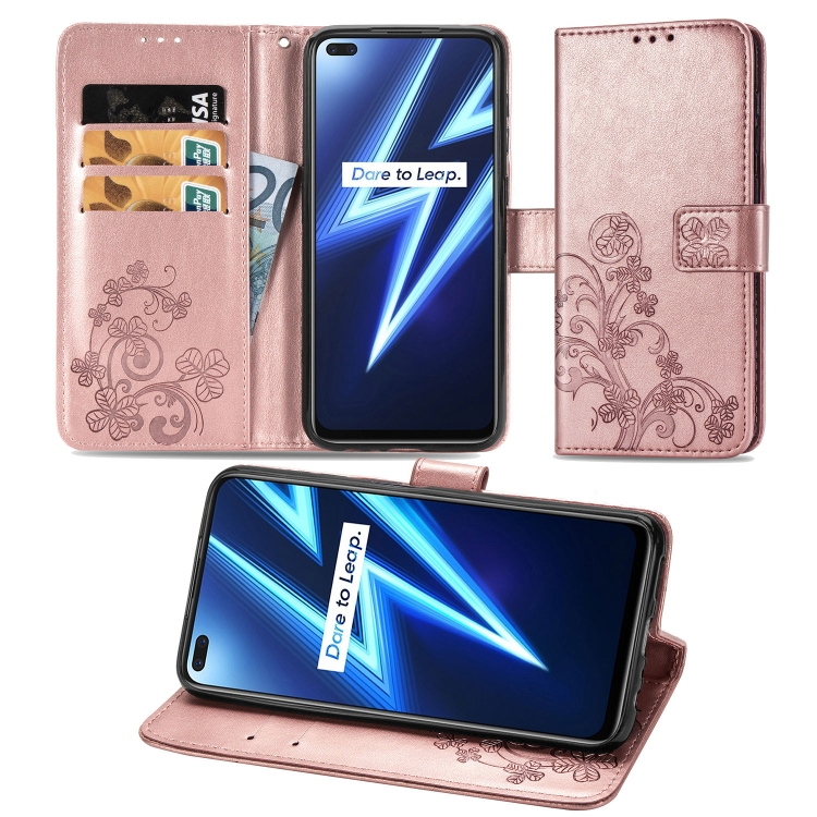 

For Oppo Realme 6 Pro Lucky Clover Pressed Flowers Pattern Leather Case with Holder & Card Slots & Wallet & Hand Strap(Rose Gold)