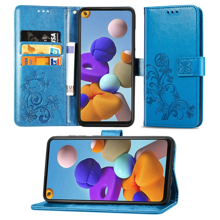 

For Samsung Galaxy A21s Lucky Clover Pressed Flowers Pattern Leather Case with Holder & Card Slots & Wallet & Hand Strap(Blue)