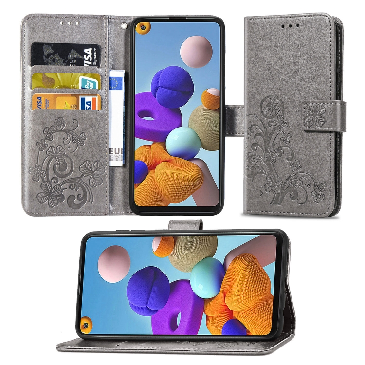 

For Samsung Galaxy A21s Lucky Clover Pressed Flowers Pattern Leather Case with Holder & Card Slots & Wallet & Hand Strap(Gray)