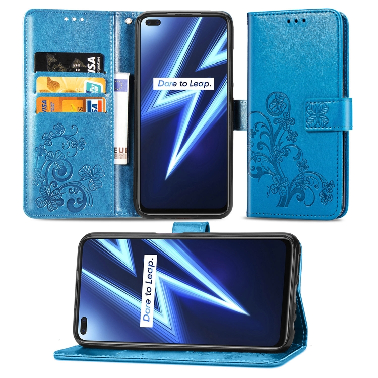 

For OPPO Realme 6 Pro Four-leaf Clasp Embossed Buckle Mobile Phone Protection Leather Case with Lanyard & Card Slot & Wallet & Bracket Function(Blue)