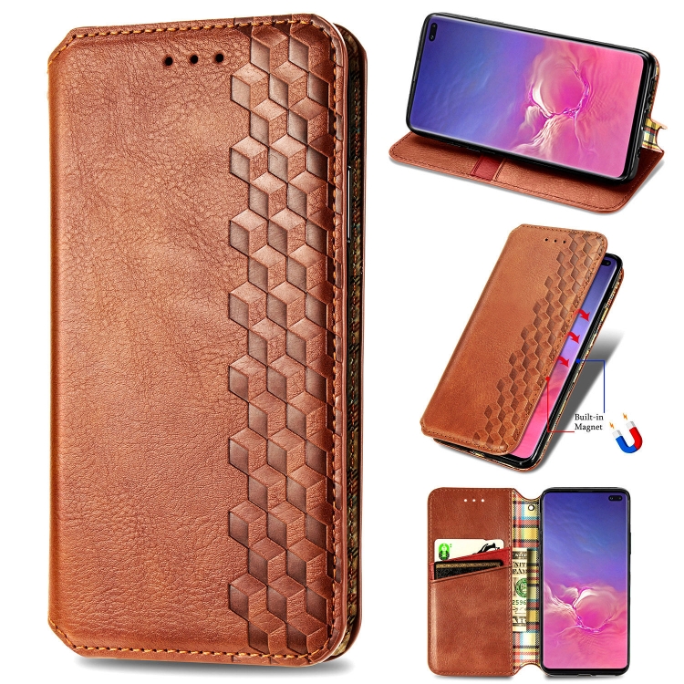 

For Samsung Galaxy S10 Plus Cubic Grid Pressed Horizontal Flip Magnetic Fashion PU Leather Case with Holder & Card Slots & Wallet & Lanyard(Brown)
