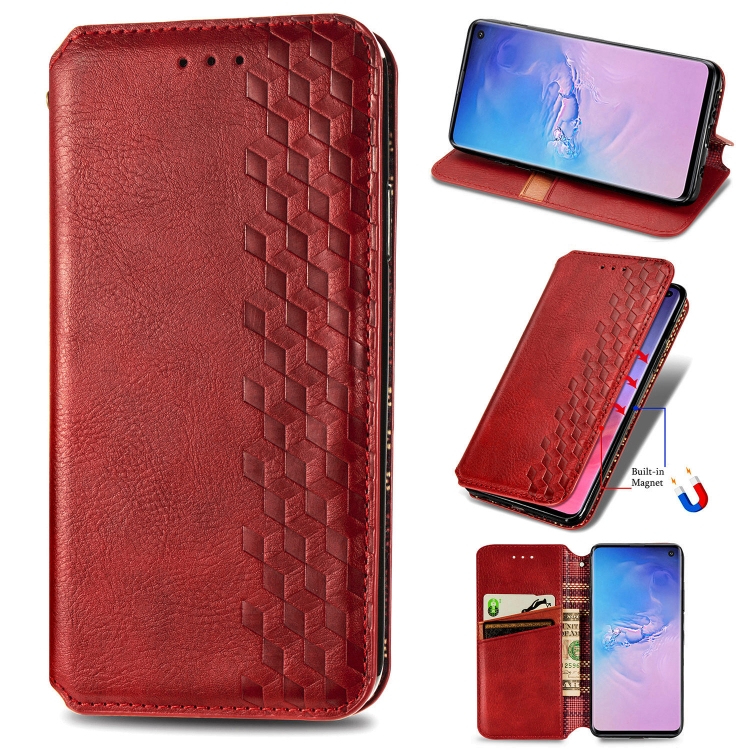 

For Samsung Galaxy S10 Cubic Grid Pressed Horizontal Flip Magnetic Fashion PU Leather Case with Holder & Card Slots & Wallet & Lanyard(Red)