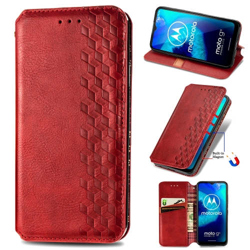 

For Motorola Moto G8 Power Lite Cubic Grid Pressed Horizontal Flip Magnetic Fashion PU Leather Case with Holder & Card Slots & Wallet & Lanyard(Red)