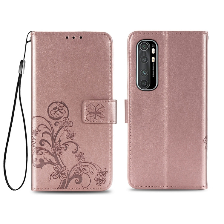 

For Xiaomi Mi Note 10 Lite Four-leaf Clasp Embossed Buckle Mobile Phone Protection Leather Case with Lanyard & Card Slot & Wallet & Bracket Function(Rose Gold)
