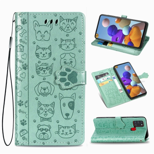 

For Samsung Galaxy A21s Lovely Cat and Dog Embossing Pattern Horizontal Flip Leather Case , with Holder & Card Slots & Wallet & Cartoon Clasp & Lanyard(Green)
