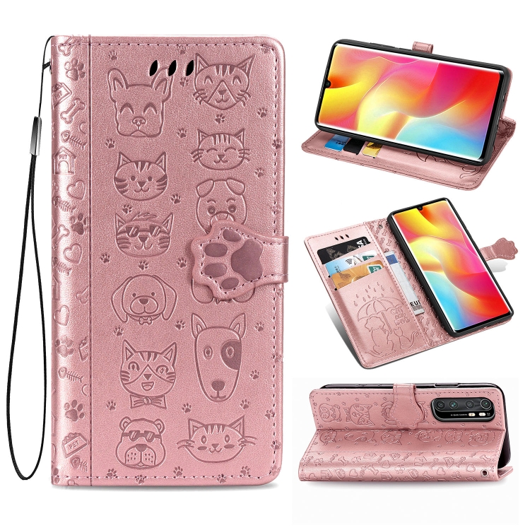

For Xiaomi Mi Note 10 Lite Lovely Cat and Dog Embossing Pattern Horizontal Flip Leather Case , with Holder & Card Slots & Wallet & Cartoon Clasp & Lanyard(Rose Gold)