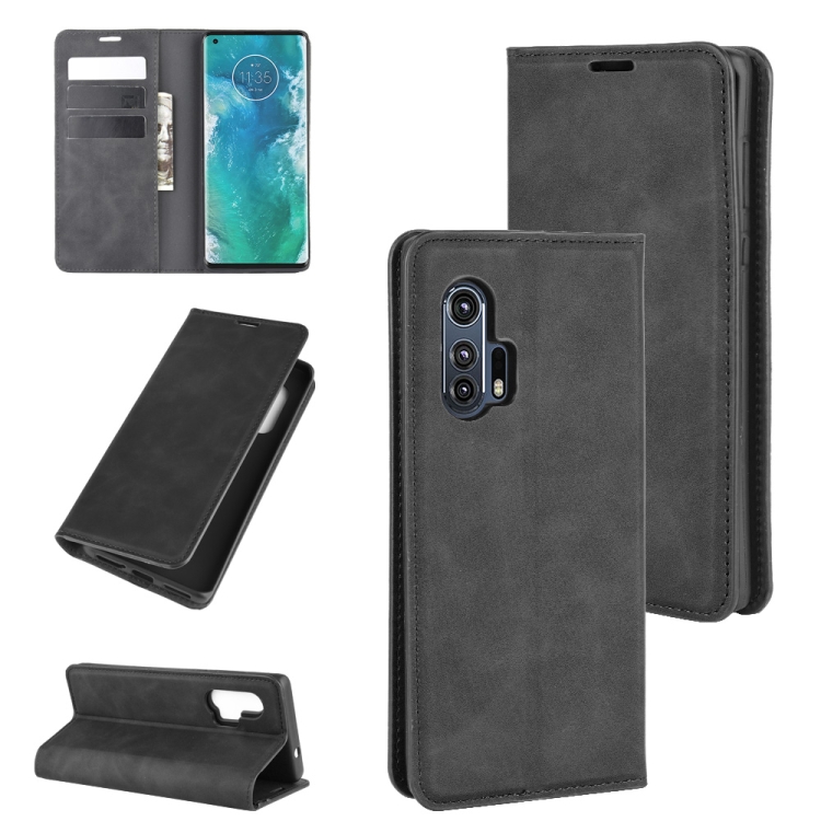 

For Motorola Edge+ Retro-skin Business Magnetic Suction Leather Case with Holder & Card Slots & Wallet(Black)