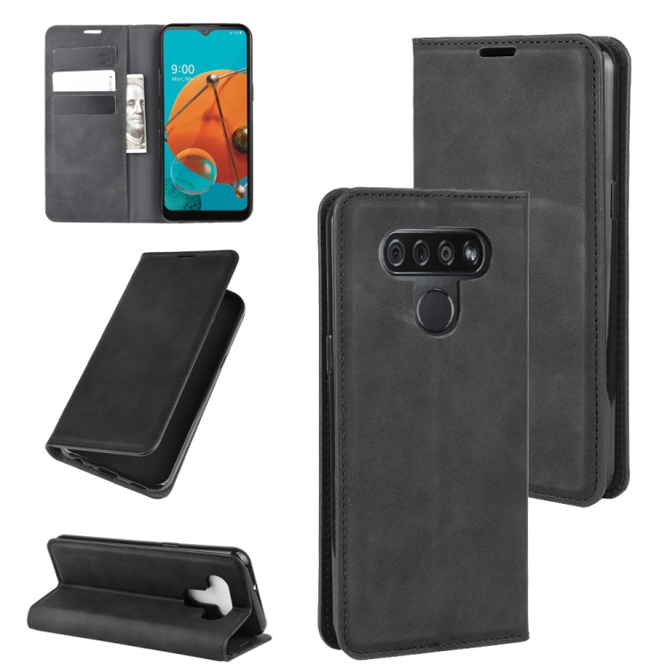 

For LG K51 Retro-skin Business Magnetic Suction Leather Case with Holder & Card Slots & Wallet(Black)