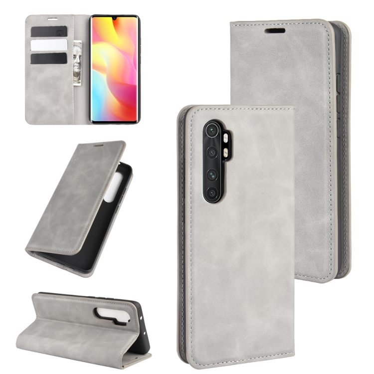 

For Xiaomi Mi Note 10 Lite Retro-skin Business Magnetic Suction Leather Case with Holder & Card Slots & Wallet(Grey)