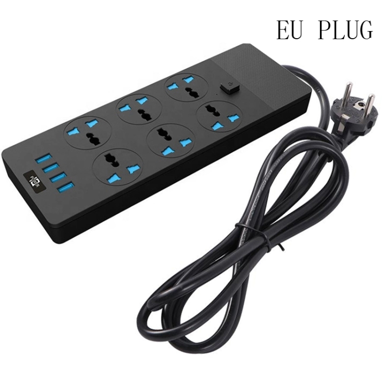

T12 Multi-functional Intelligent Plug-in 6-Hole Universal Jack + 4-Port USB Home Porous Socket 2 Meter Wire Length EU PLUG