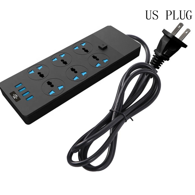 

T12 Multi-functional Intelligent Plug-in 6-Hole Universal Jack + 4-Port USB Home Porous Socket 2 Meter Wire Length US PLUG