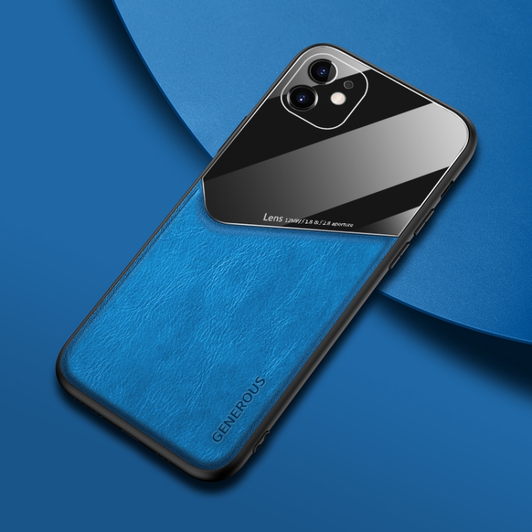 

For iPhone 11 All-inclusive Leather + Organic Glass Phone Case with Metal Iron Sheet(Blue)