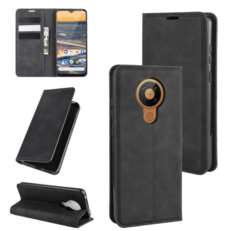 

For Nokia 5.3 Retro-skin Business Magnetic Suction Leather Case with Holder & Card Slots & Wallet(Black)