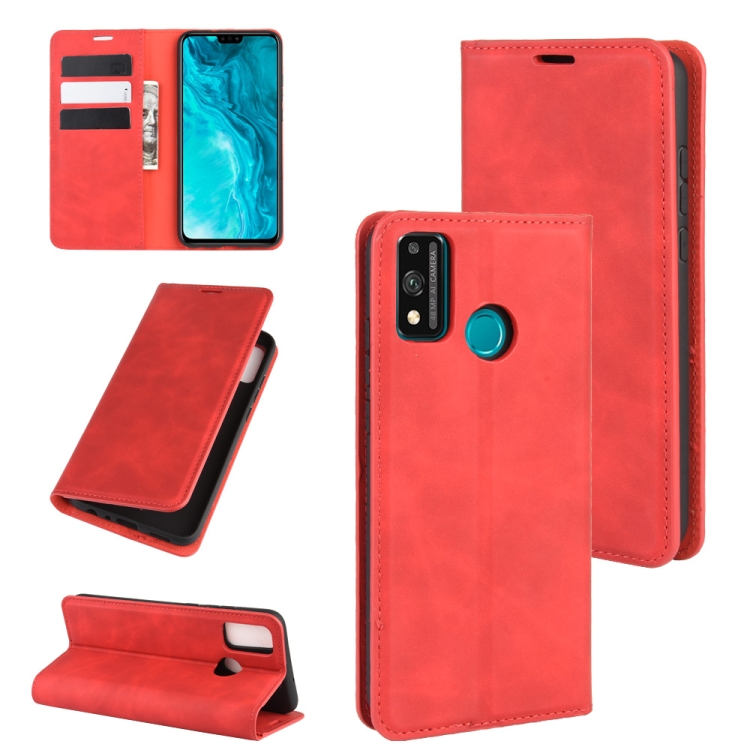 

For Huawei Honor 9X lite Retro-skin Business Magnetic Suction Leather Case with Holder & Card Slots & Wallet(Red)