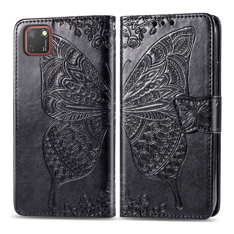 

For Huawei Y5P Butterfly Love Flower Embossed Horizontal Flip Leather Case with Bracket / Card Slot / Wallet / Lanyard(Black)