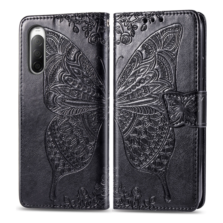 

For Sony Xperia 10 II Butterfly Love Flower Embossed Horizontal Flip Leather Case with Bracket / Card Slot / Wallet / Lanyard(Black)