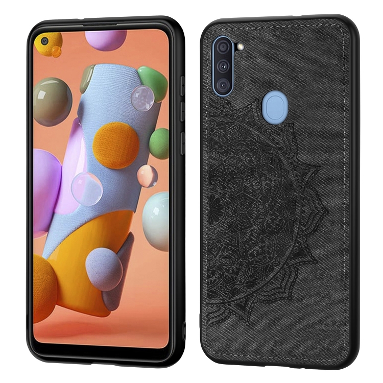 

For Samsung Galaxy A11 Mandala Embossed Cloth Cover PC + TPU Mobile Phone Case with Magnetic Function and Hand Strap(Black)