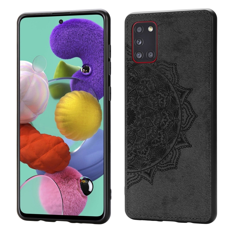 

For Samsung Galaxy A31 Mandala Embossed Cloth Cover PC + TPU Mobile Phone Case with Magnetic Function and Hand Strap(Black)