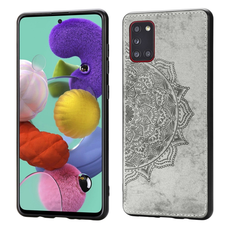 

For Samsung Galaxy A31 Mandala Embossed Cloth Cover PC + TPU Mobile Phone Case with Magnetic Function and Hand Strap(Gray)