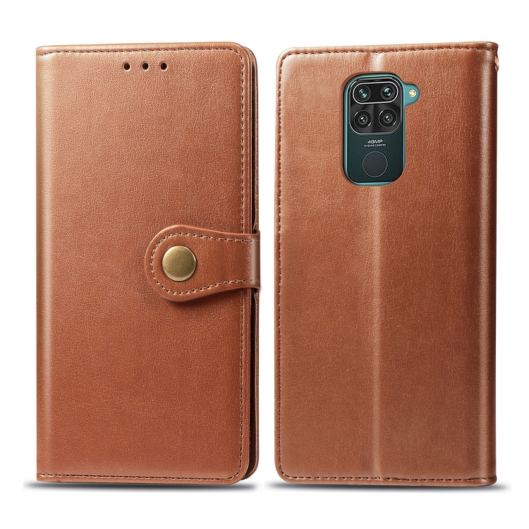 

For Xiaomi Redmi 10X 4G/Redmi Note 9 Retro Solid Color Leather Buckle Phone Case with Lanyard & Photo Frame & Card Slot & Wallet & Stand Function(Brown)