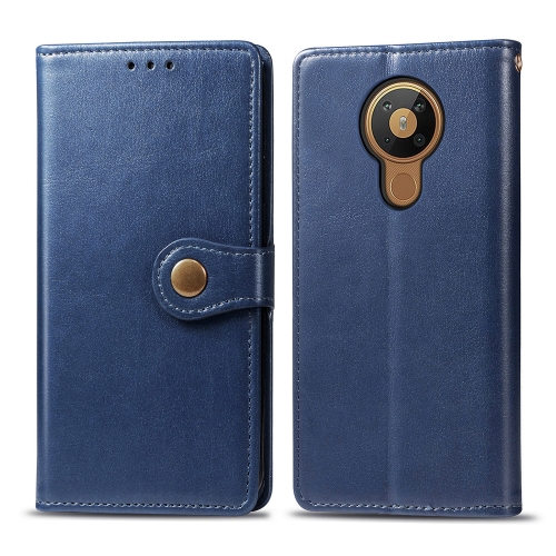 

For Nokia 5.3 Retro Solid Color Leather Buckle Phone Case with Lanyard & Photo Frame & Card Slot & Wallet & Stand Function(Blue)