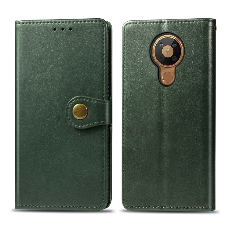 

For Nokia 5.3 Retro Solid Color Leather Buckle Phone Case with Lanyard & Photo Frame & Card Slot & Wallet & Stand Function(Green)