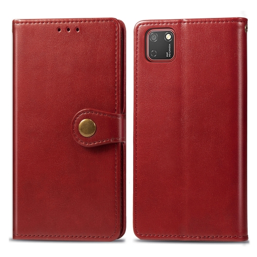 

For Huawei Y5P 2020 Retro Solid Color Leather Buckle Phone Case with Lanyard & Photo Frame & Card Slot & Wallet & Stand Function(Red)
