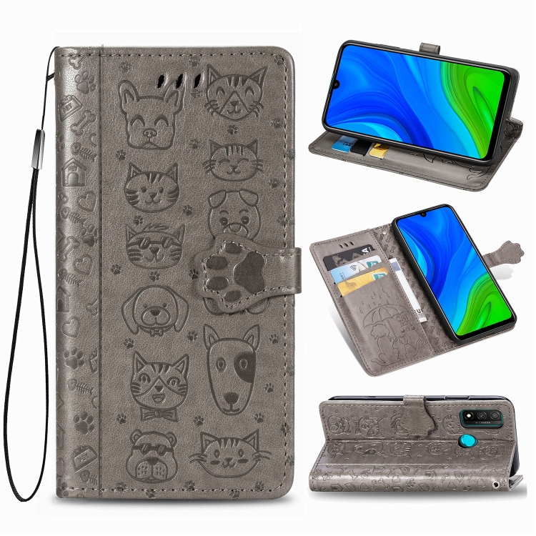 

For Huawei P Smart 2020 Lovely Cat and Dog Embossing Pattern Horizontal Flip Leather Case , with Holder & Card Slots & Wallet & Cartoon Clasp & Lanyard(Grey)