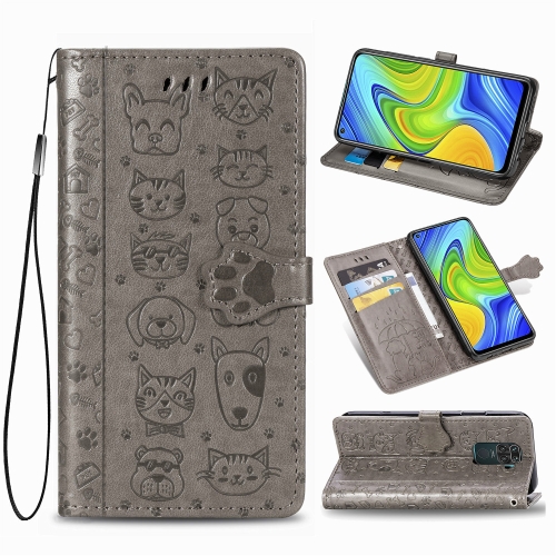 

For Xiaomi Redmi 10X & Note 9 Lovely Cat and Dog Embossing Pattern Horizontal Flip Leather Case , with Holder & Card Slots & Wallet & Cartoon Clasp & Lanyard(Grey)