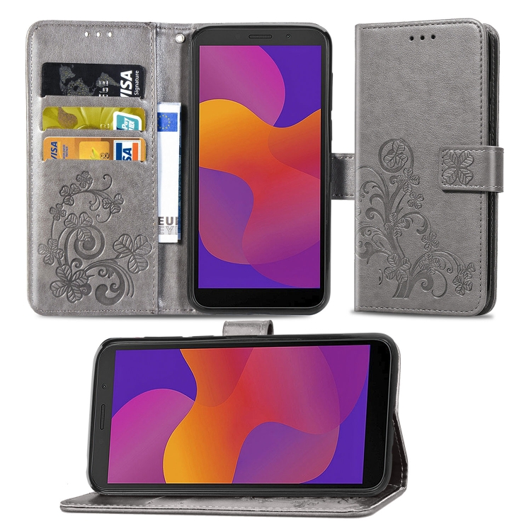 

For Huawei Y5P 2020 & Honor 9S Lucky Clover Pressed Flowers Pattern Leather Case with Holder & Card Slots & Wallet & Hand Strap(Gray)