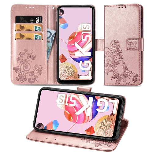 

For LG K51S Lucky Clover Pressed Flowers Pattern Leather Case with Holder & Card Slots & Wallet & Hand Strap(Rose Gold)
