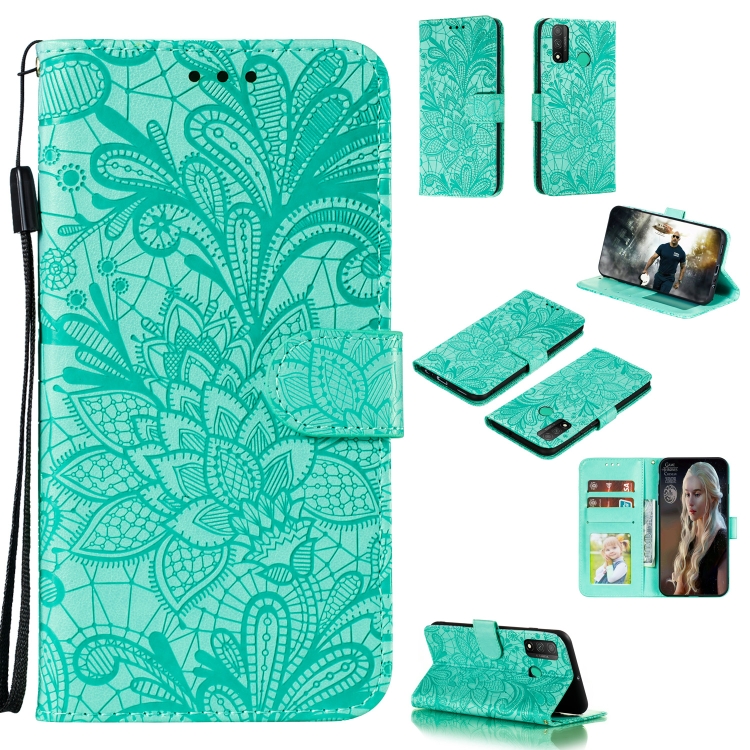 

For Huawei P Smart 2020 Lace Flower Embossing Pattern Horizontal Flip Leather Case , with Holder & Card Slots & Wallet & Photo Frame & Lanyard(Green)