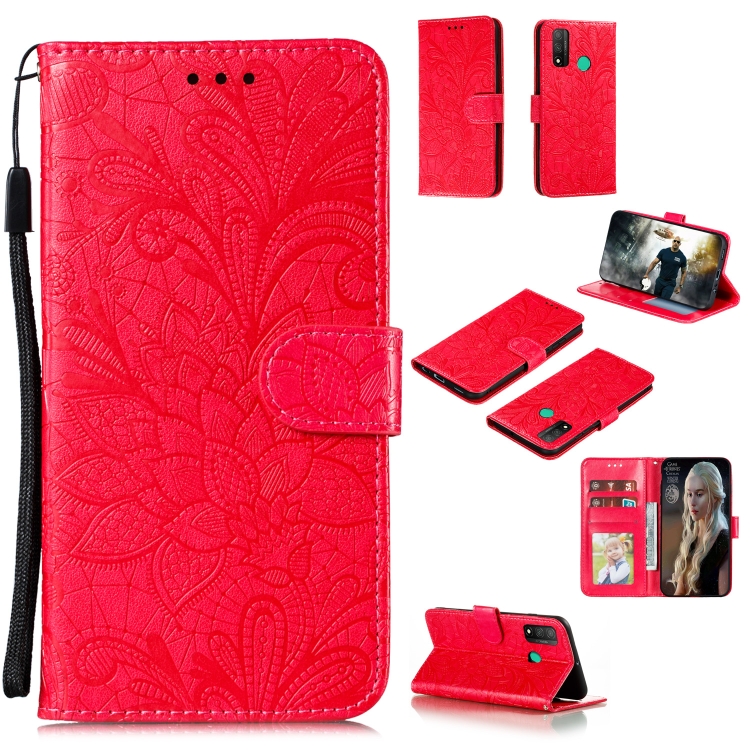 

For Huawei P Smart 2020 Lace Flower Embossing Pattern Horizontal Flip Leather Case , with Holder & Card Slots & Wallet & Photo Frame & Lanyard(Red)