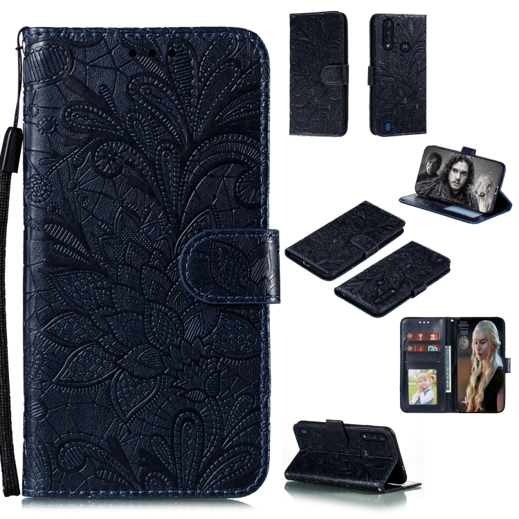 

For Motorola Moto G8 Power Lite Lace Flower Embossing Pattern Horizontal Flip Leather Case , with Holder & Card Slots & Wallet & Photo Frame & Lanyard(Dark Blue)