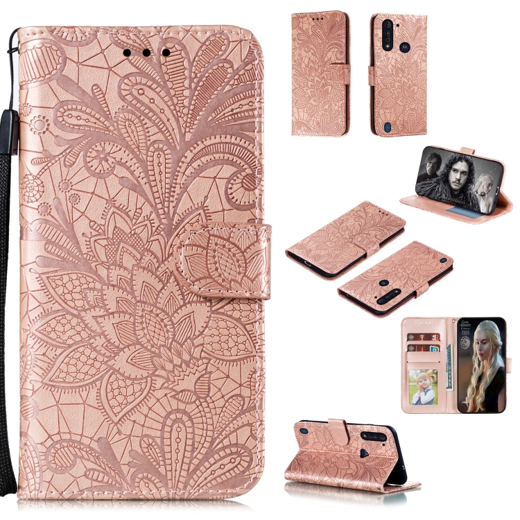 

For Motorola Moto G8 Power Lite Lace Flower Embossing Pattern Horizontal Flip Leather Case , with Holder & Card Slots & Wallet & Photo Frame & Lanyard(Rose Gold)