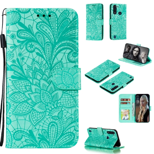 

For Motorola Moto G8 Power Lite Lace Flower Embossing Pattern Horizontal Flip Leather Case , with Holder & Card Slots & Wallet & Photo Frame & Lanyard(Green)